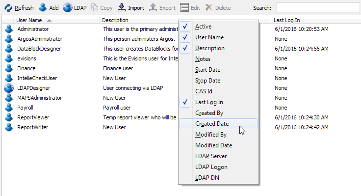 Available columns: Active, Username, Description, Notes, Start date, Stop date, CAS ID, Last Log In, Created By, Created Date, Modified By, Modified Date